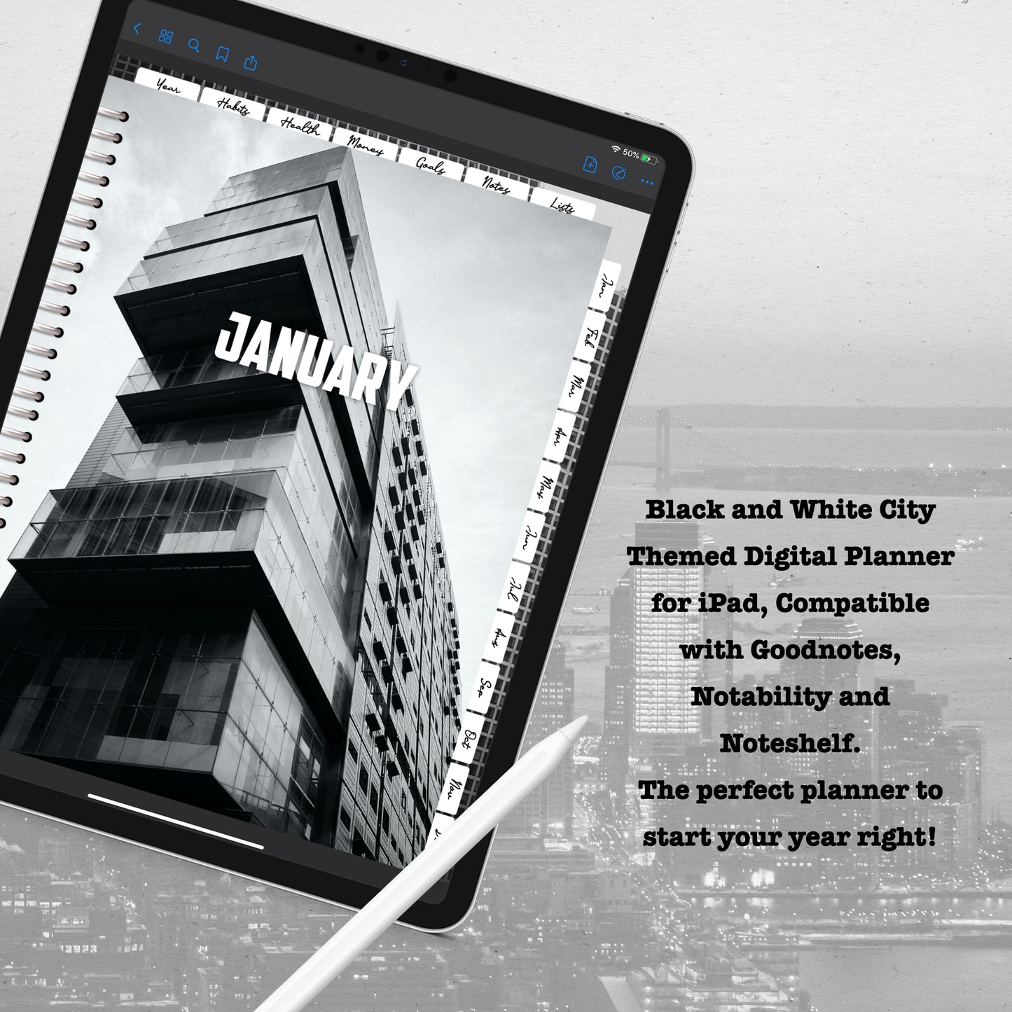 Black and White City Digital Planner - Instant Download
