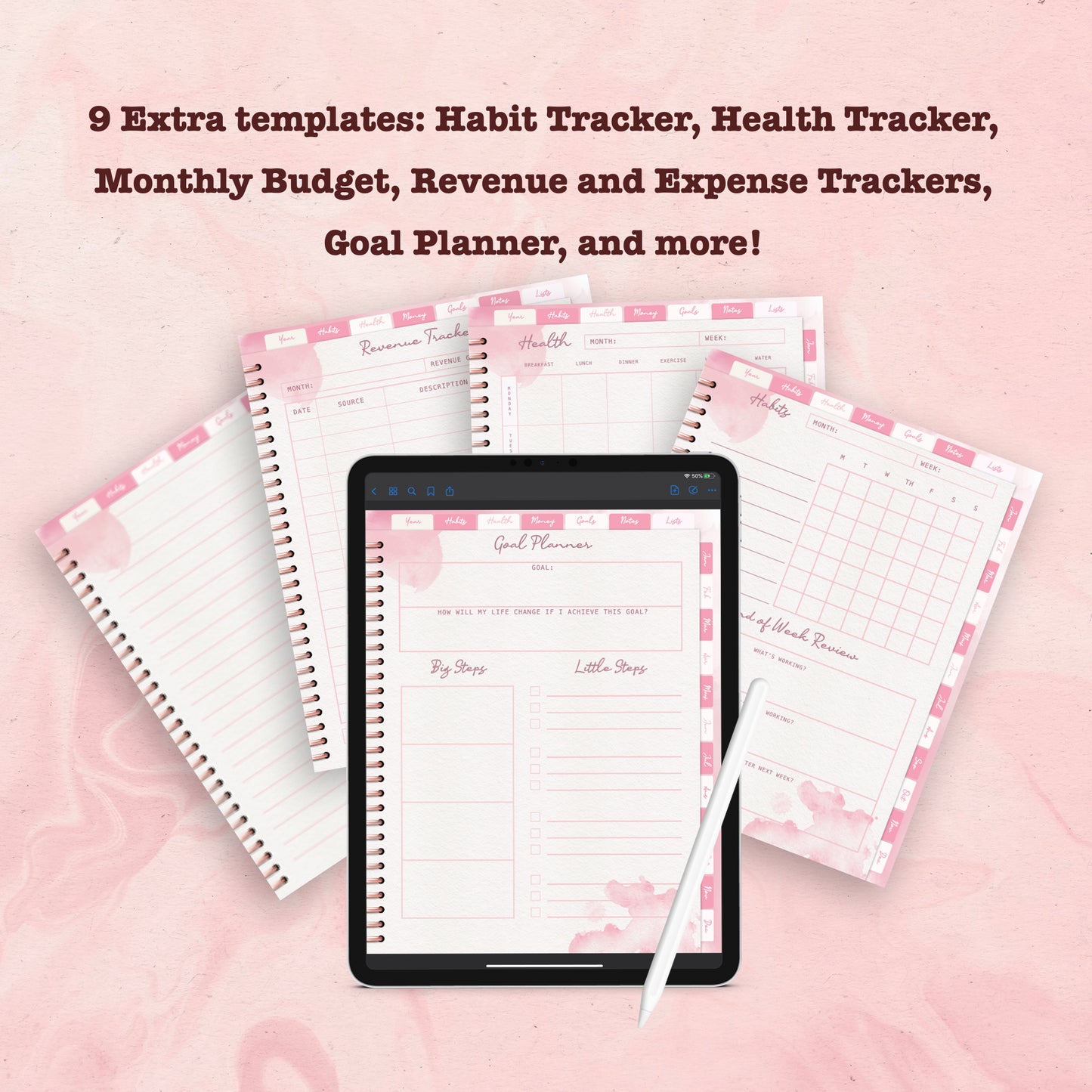 Pink Watercolor Digital Planner - Instant Download