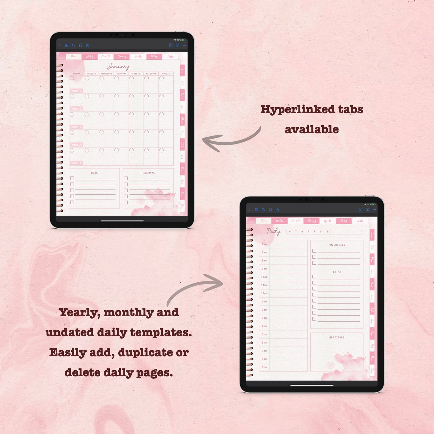 Pink Watercolor Digital Planner - Instant Download